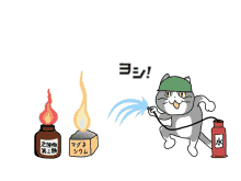 a cartoon cat is spraying water on a fire