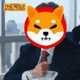 a man in a suit and tie with a shiba inu face in front of a poster for the wolf of wall street .