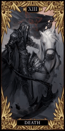 a knight is riding a white horse with a scythe in his hand .