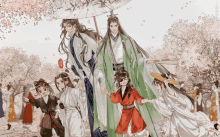 a painting of a group of people holding hands and a man holding an umbrella