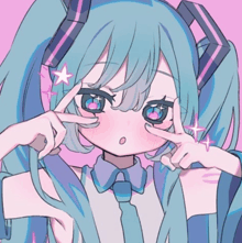 a drawing of a girl with blue hair and headphones giving the peace sign