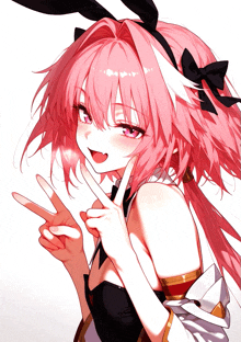 a girl with pink hair and bunny ears is giving a peace sign