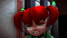 a cartoon character with red hair and green eyes looks angry
