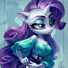 a drawing of a pony with purple hair and a horn has the name helini written on the bottom right