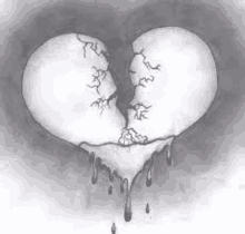 a black and white drawing of a broken heart with dripping blood .