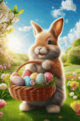 a bunny rabbit is holding a basket of easter eggs
