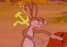 bugs bunny is dancing in front of a hammer and sickle and a star .