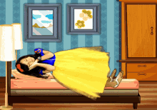 a cartoon of a girl in a yellow dress sleeping on a bed