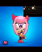 a cartoon character with pink hair is standing in front of a picture of the solar system ..