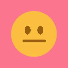 a yellow smiley face with brown eyes and a straight mouth on a pink background