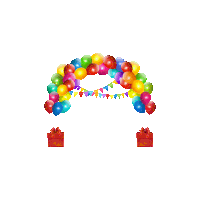 a bunch of colorful balloons are hanging from an arch