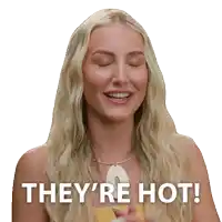 a woman says they 're hot in front of a white background