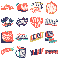 a bunch of stickers with one that says yikes yum