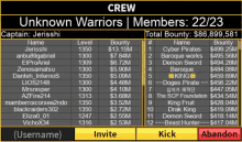 a screen showing the crew of unknown warriors and their total bounty