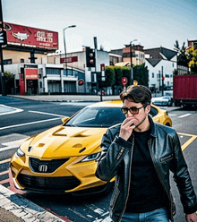 a man standing in front of a yellow car that has the letter m on the front