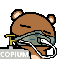 a cartoon of a bear wearing an oxygen mask with the word copium written below it