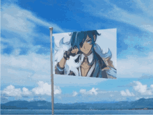 a flag with a picture of a man with blue hair flying in the wind