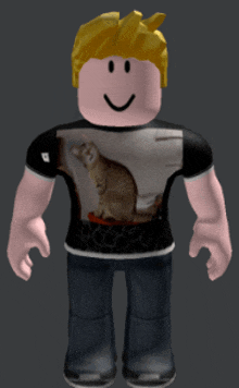 a roblox character wearing a black shirt with a picture of a cat on it