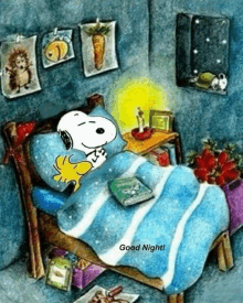 a cartoon of snoopy and woodstock sleeping in a bed with the words good night below them