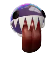 a purple and white ball with sharp teeth and a red tongue sticking out
