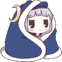 a cartoon girl is wrapped in a blue blanket and sitting down .