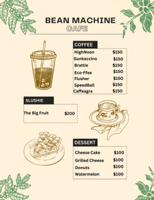 a menu for bean machine cafe shows a variety of drinks