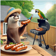 an otter wearing a straw hat is holding a sausage in front of a plate of sausages