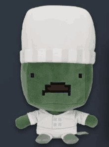 a green stuffed animal wearing a chef 's hat and pants .