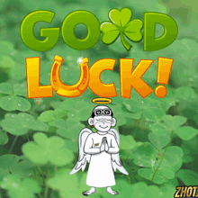 a poster that says good luck with a cartoon of an angel