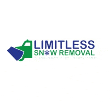 a logo for limitless snow removal shows a snow plow and a snow shovel .