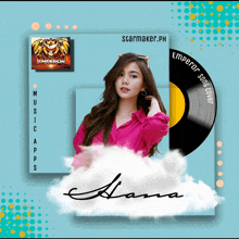 a woman in a pink shirt stands in front of a record labeled emperor song duet