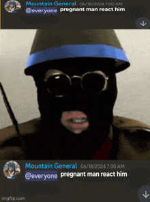 a screenshot of a pregnant man reacting to mountain general