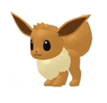 a cartoon eevee is standing on a white background and looking at the camera .