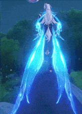 a video game character with blue wings is walking down a road