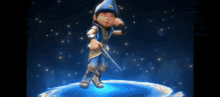 a cartoon character is holding a sword in his hand while standing on a planet .