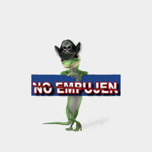 a lizard wearing a pirate hat stands in front of a sign that says no empuen