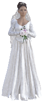 a woman in a wedding dress is holding flowers