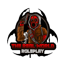 a logo for the real world roleplay with a man in a gas mask