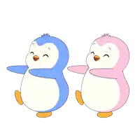 a blue and a pink penguin are standing next to each other on a white background