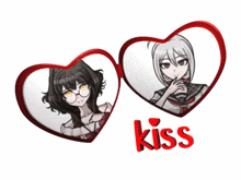 a couple of hearts with the word kiss in red