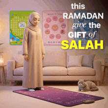a woman in a hijab praying in a living room with the words " this ramadan give the gift of salah "
