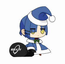 a drawing of a person wearing a santa hat and holding a black bag with chinese writing on it