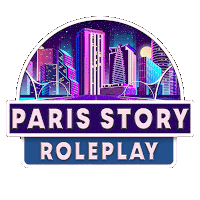 a logo for paris story roleplay with a city skyline at night