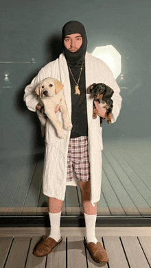 a man in a bathrobe holds two dogs in his arms