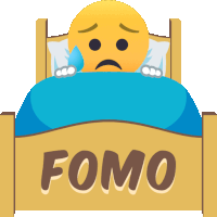 a smiley face is laying in a bed with the word fomo written on it