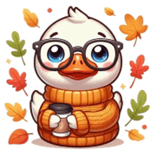 a cute cartoon duck wearing glasses and a sweater is holding a cup of coffee .