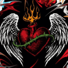 a drawing of a heart with wings and a trident on it