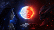 a painting of a man and a woman looking at a red and white moon