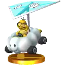 a statue of a cartoon character riding a cloud shaped vehicle with an umbrella .