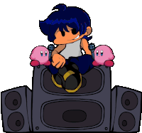 a cartoon character is sitting on top of a speaker with two kirbys behind him